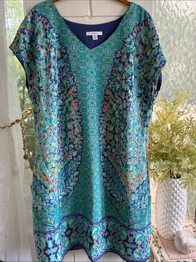 Trina Turk Teal, Navy & Turquoise Printed Shift Dress